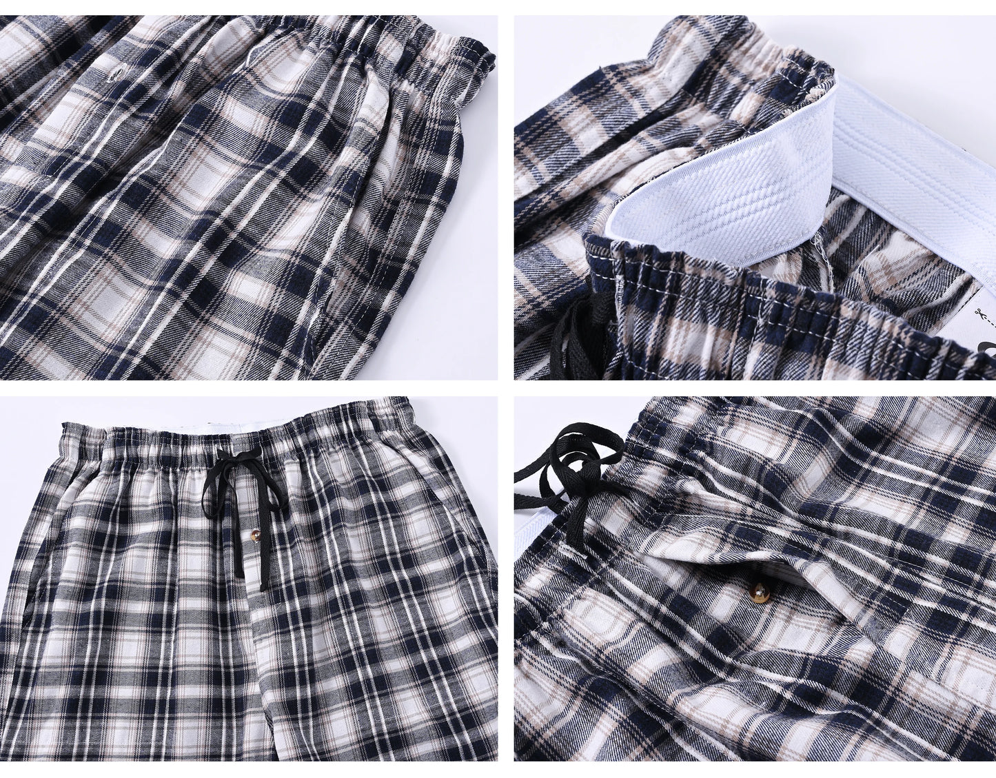 Men's 3Pcs Pajama Sleeping Pants Cotton Plaid Pjs, Long Plaid Print Sleepwear Pajama Pants with Elastic Waist Homewear