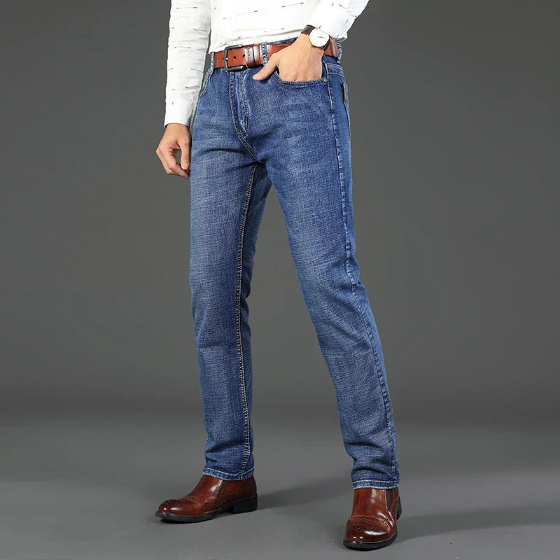 Classic Business Casual Jeans Men 2026 New Fashion Blue Slim Stretch Denim Trousers Male High Pants Men Clothing