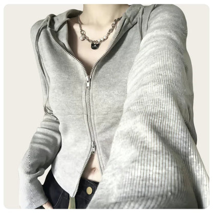 Korean Style Spring and Autumn Women's Light Gray Vertical Stripe Slim-Fit Thin Short Jacket with Two-Way Zipper Hoodie