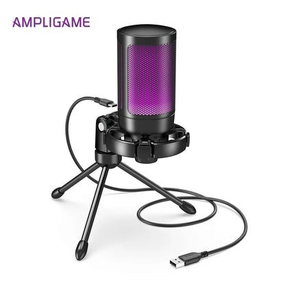 AmpliGame RGB USB Gaming Microphone with Light-touch Mute,Condenser Mic with Tripod for PC,PS4/5,Laptop Streaming Podcasting -A2