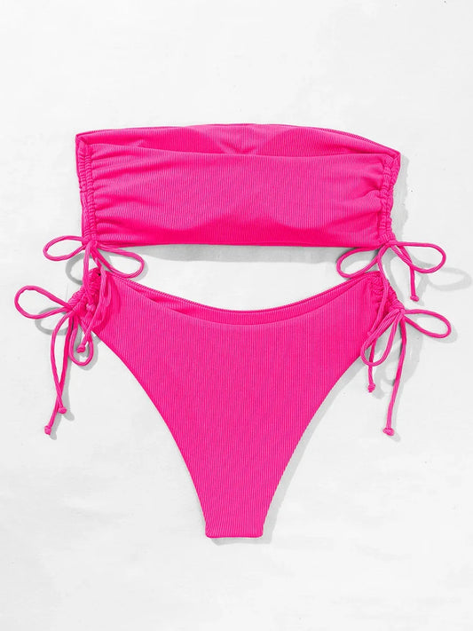 Dam Bandeau Bikini Set 2026 – Brasiliansk Baddräkt Knutdetalj Bygelfri Pad Mellanhög Midja 12 Färger S-XL