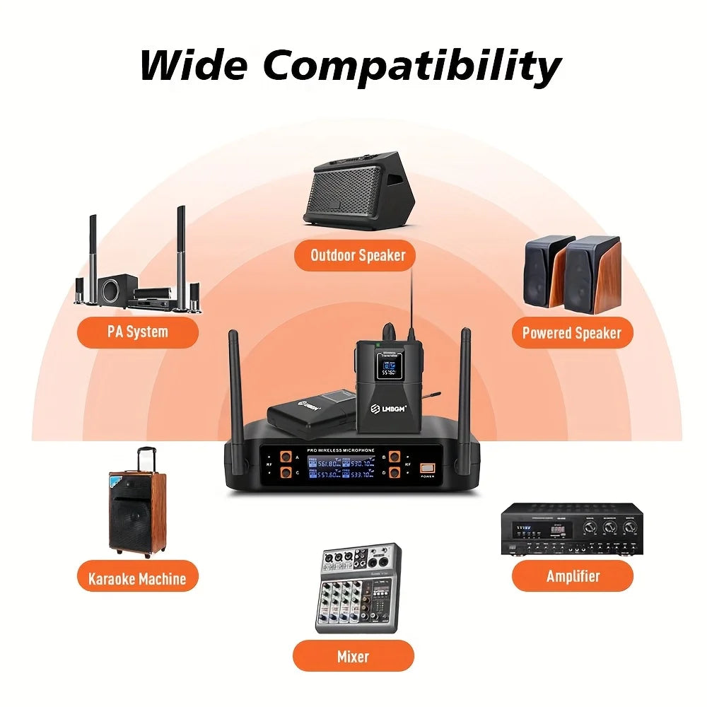 LMBGM-D44 Wireless Microphone System 4 Channel Lavalier/Headset Mic UHF Fixed Dual Band Wireless Set for Church Wedding Party