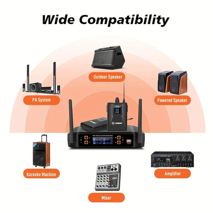 LMBGM-D44 Wireless Microphone System 4 Channel Lavalier/Headset Mic UHF Fixed Dual Band Wireless Set for Church Wedding Party