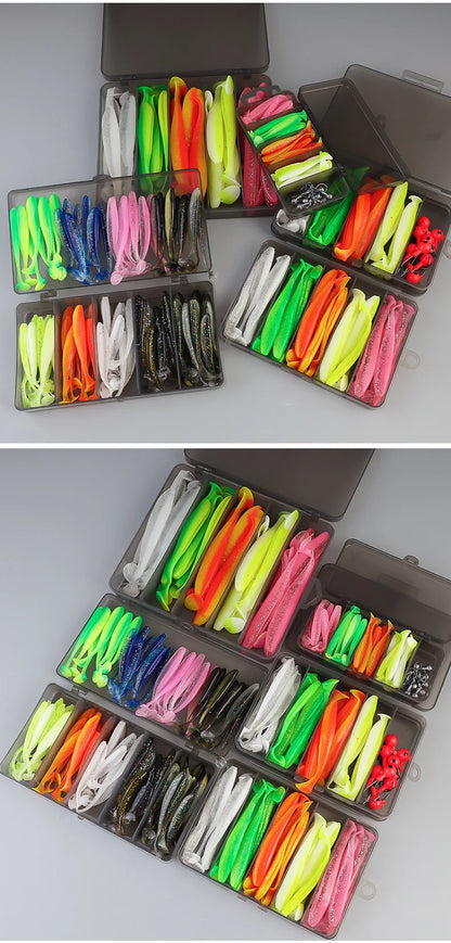 Soft Tail Bait Set Fake Bait 5.5/7/9/12cm Two-color Fishing Lure with Lead Head Hook for Angling