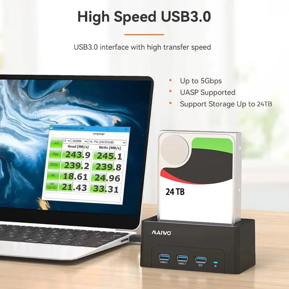 MAIWO HDD Docking Station with USB 3.0 HUB Extension 2.5 3.5 Inch SATA HDD Case Support 24TB with Fast Charge Port HDD Enclosure