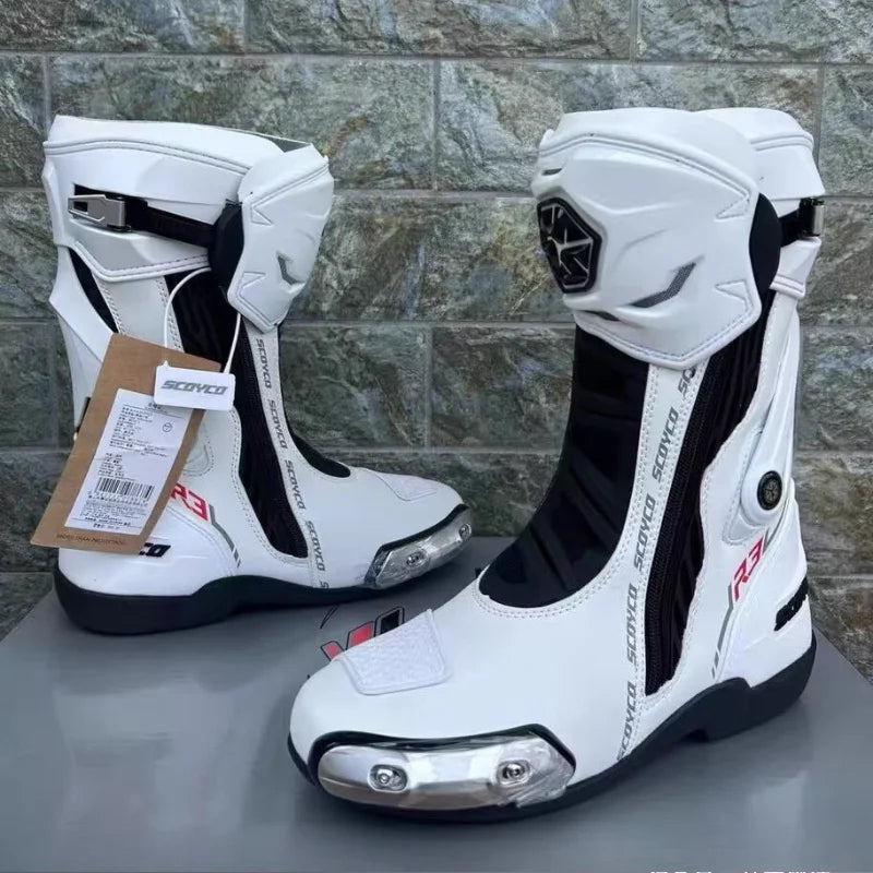 SCOYCO Banracing Motorcykelkängor CE Professionell Certifiering TPU Läder Män Kvinnor Unisex