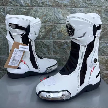 SCOYCO Banracing Motorcykelkängor CE Professionell Certifiering TPU Läder Män Kvinnor Unisex