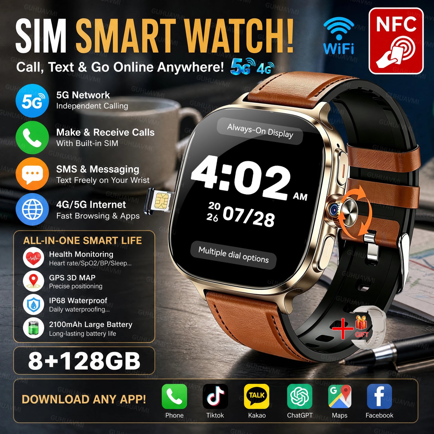 2026New 5G SIM Smart Watch 2.4" AMOLED 8+128GB GPS+NFC WIFI 1000W HD Camera IP68Waterproof Health Monitor Android Smartwatch Men