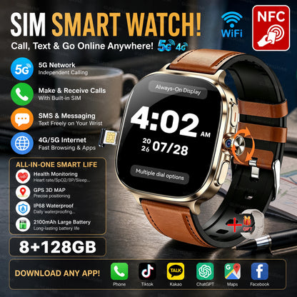 2026New 5G SIM Smart Watch 2.4" AMOLED 8+128GB GPS+NFC WIFI 1000W HD Camera IP68Waterproof Health Monitor Android Smartwatch Men