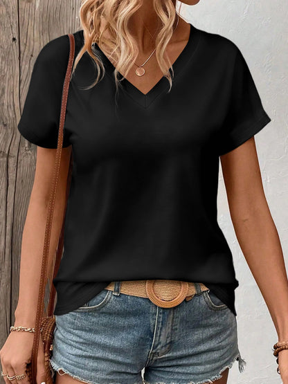 Women's Oversized V-Neck T-Shirt Solid Color Short-Sleeve Curved Hem Soft Fabric Black Gray Navy