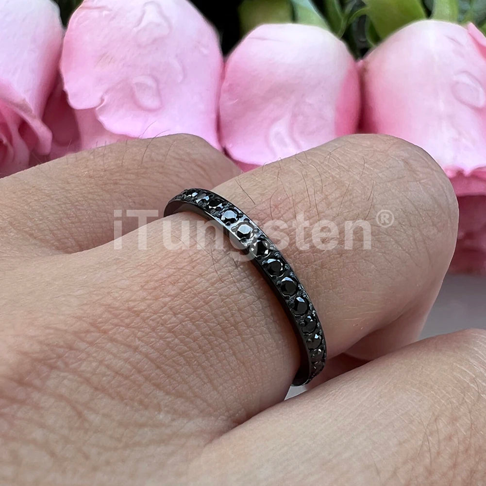 ITungsten 2/3/4mm Men Women Titanium Princess Cubic Zirconia CZ Inlay Ring Nice Eternity Engagement Wedding Band