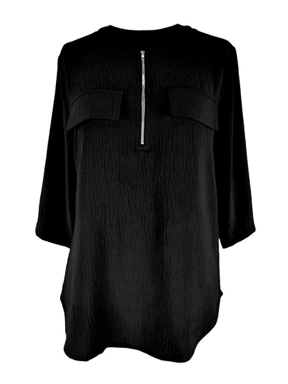 Dam Tunika Topp med Dragkedja V-ringning – 3/4-ärm Lös Ficka Elegant Kontor Casual, Svart 1XL–4XL