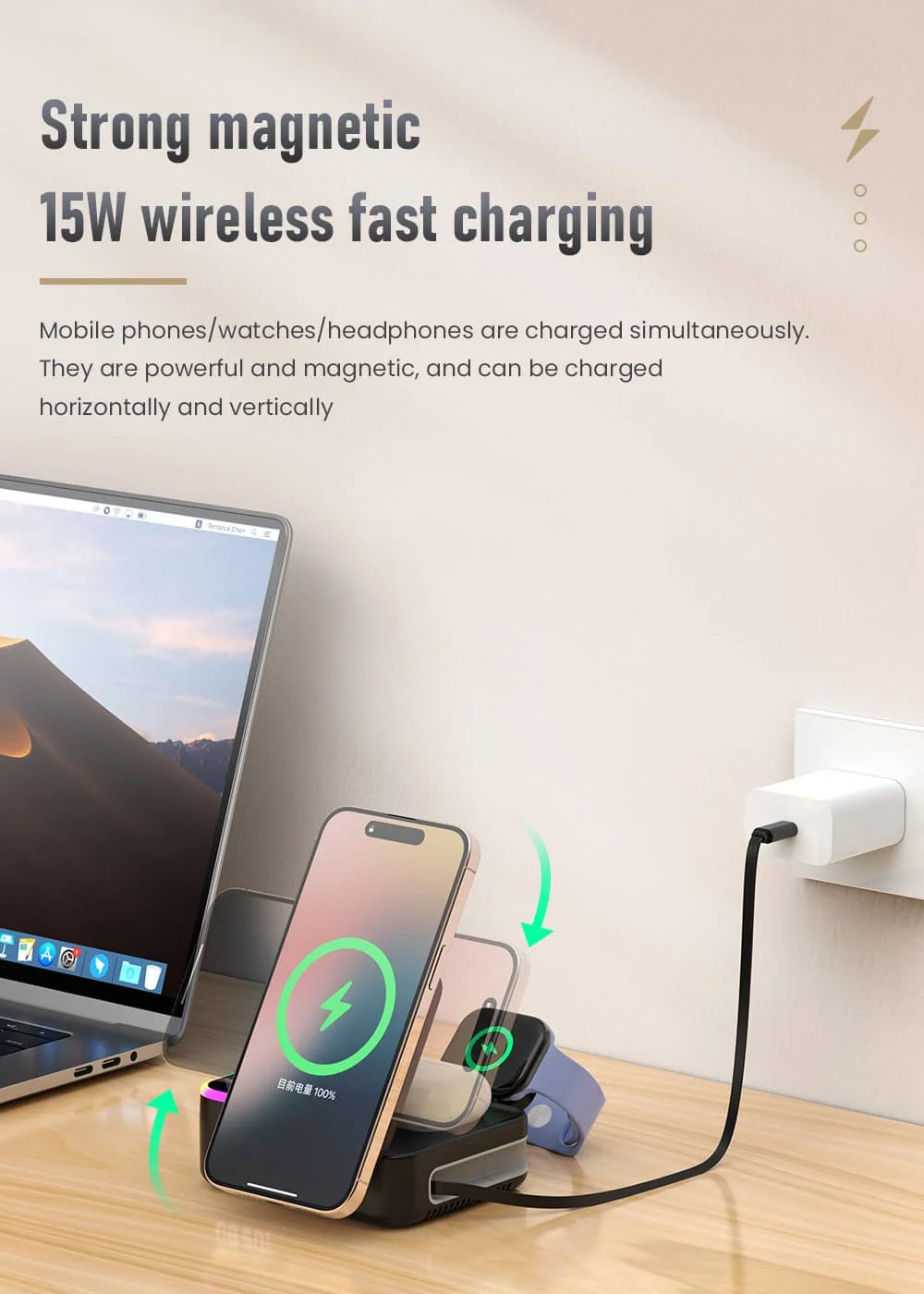 LYNXZ 8-i-1 Magnetisk Trådlös Laddstation 15W – RGB MagSafe PD30W USB-C iPhone AirPods Apple Watch Vit Svart
