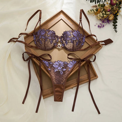 Limited Edition Spets Lingerie Set – Brun & Lila, Rosbrodyr, Genomskinlig BH & Stringtrosa