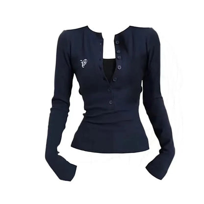 American Style Sweet and Spicy Girl Half Open Collar Base Shirt Women's Autumn Inner Wear Casual Slim Long Sleeve T-Shirt Top