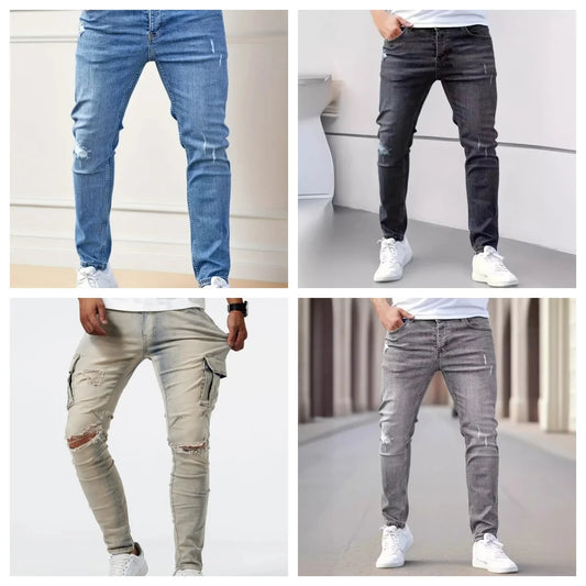 Slim fit-jeans för herr – elastiska med slitningar, streetwear-stil