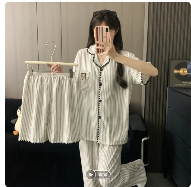 High Quality Khaki with Embroidered Dogs Couples Homewear Women's Pajamas Set Cute Casual Short-Sleeve 3 Piece Men Pajamas Set