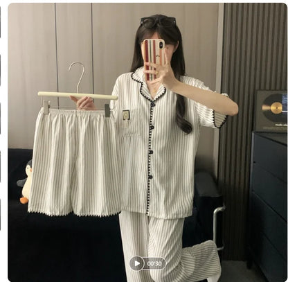 High Quality Khaki with Embroidered Dogs Couples Homewear Women's Pajamas Set Cute Casual Short-Sleeve 3 Piece Men Pajamas Set