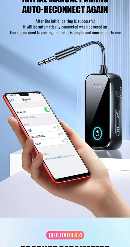 Bluetooth 6.0 AUX Audio Transmitter Receiver 2 IN 1 Wireless Adapter 3.5MM With Mic HiFi Stereo Music For Car TV PC Airplane