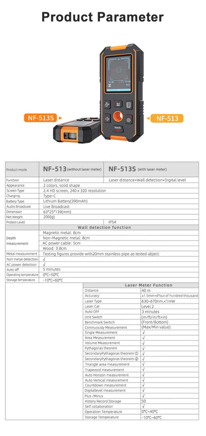 NOYAFA NF-513S Metal Detector Wall Scanner AC Live Cable Wires Metal Wood Stud Find with Positioning Hole Wall Detector