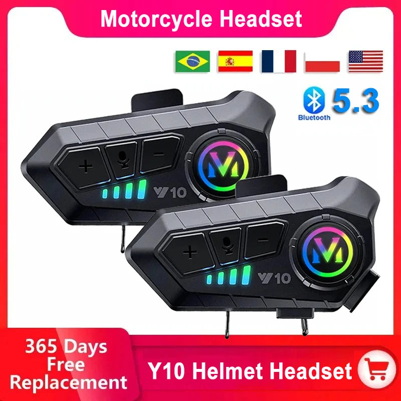 Y10 Motorcycle Helmet Headset Stereo Voice Control Bluetooth 5.3 Hands Free Call IPX6 Waterproof 1000mAh With Ambient Light