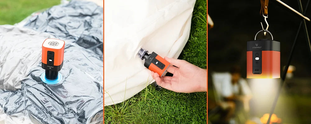 ETENWOLF AIR 3 Mini Elektrisk Luftpump – 2600 mAh, 360 L/min, Campinglampa 600 lm, 5 Munstycken
