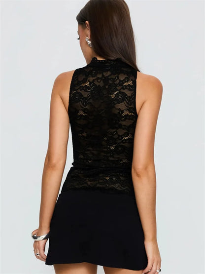 Dam Spetslinne Y2K – Sexy Lace Hollow Out Ärmlös Semi-genomskinlig Camisole, Vit & Svart