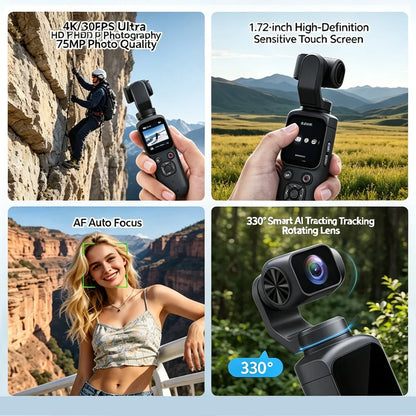 4K Action Camera with 330° Face Tracking Gimbal Stabilizer, 75MP WiFi Pocket Portable Camcorder, Mini Handheld Vlog Camera for