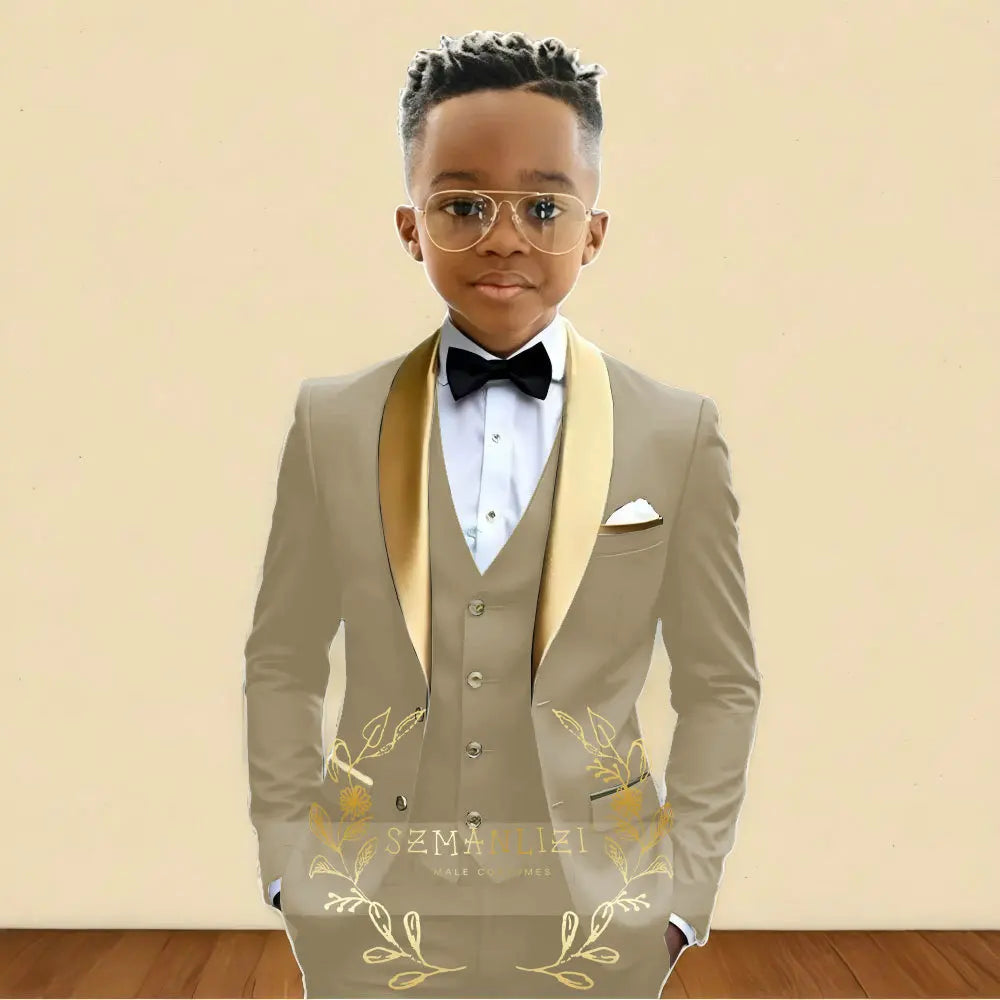 Oil Green Boys Suit 3 Pieces Wedding Tuxedo for Kids Jacket Pants Vest Gold Shawl Lapel Child 2-16 Years Old Customized Outfit