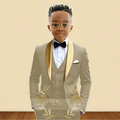 Oil Green Boys Suit 3 Pieces Wedding Tuxedo for Kids Jacket Pants Vest Gold Shawl Lapel Child 2-16 Years Old Customized Outfit