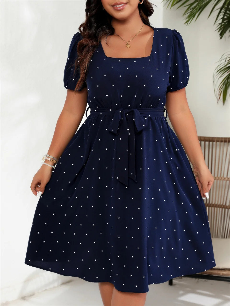 GIBSIE Plus Size Square Neck Polka Dot Belted Dress Women's Elegant Retro Puff Sleeve High Waist Summer A-line Big Swing Dresses