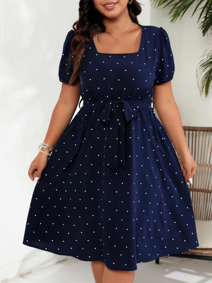 GIBSIE Plus Size Square Neck Polka Dot Belted Dress Women's Elegant Retro Puff Sleeve High Waist Summer A-line Big Swing Dresses