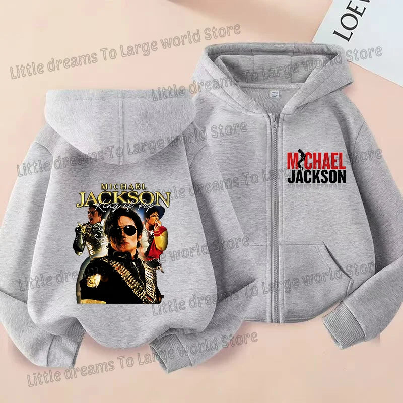 Michael Jackson Thin Long Sleeve Zipper Jacket Boys Hooded Clothes Autumn Spring Singer MJ Zip Up Streetwear with Pocket Tops