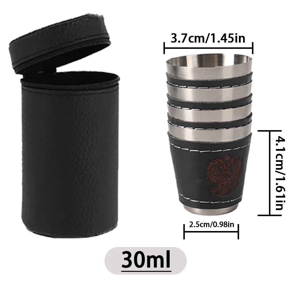 Rostfria Campingkoppar 4-pack med Läderfodral – 30/70/170ml, Kaffe, Vin & Whisky, Friluftsliv