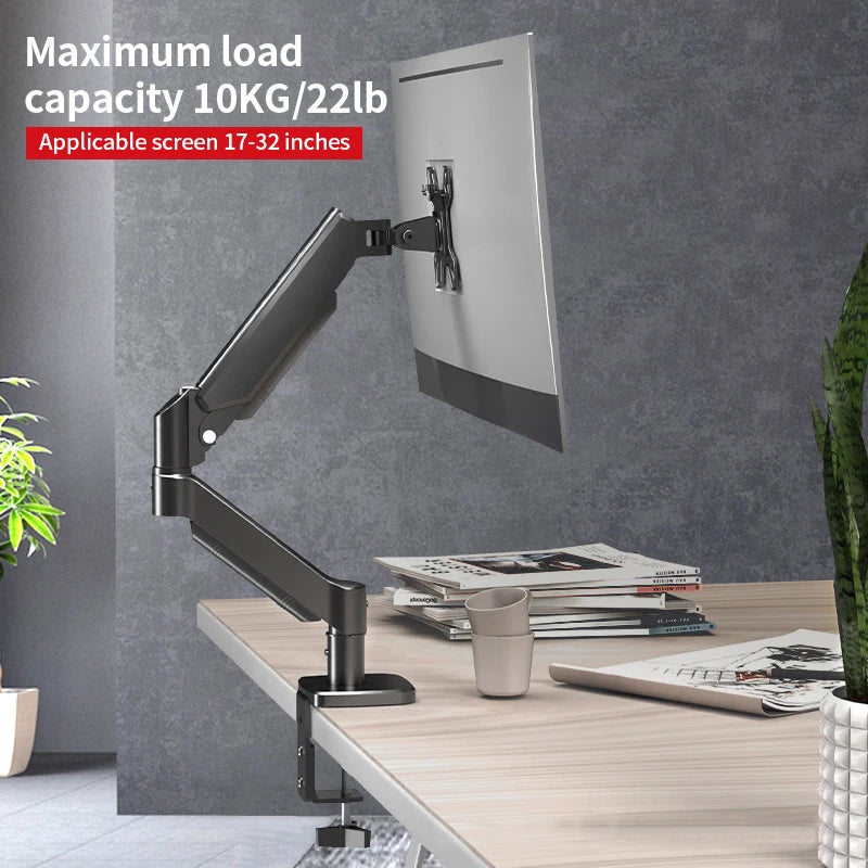 Single Monitor Arm Desk Mount for 17" to 32" Screen, Maximum load capacity 10KG Full Motion Articulating, Clamp and Grommet Base