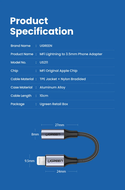 UGREEN Adapter for iPhones MFi DAC Lightning to 3.5mm Headphone Adapter For iPhone 12 11 Pro max xr Aux Cable Phone Accessories
