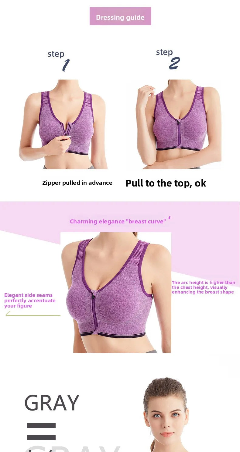 Front Zip Sports Bra High Impact Support Breathable Wire Free Running Yoga Top for Women