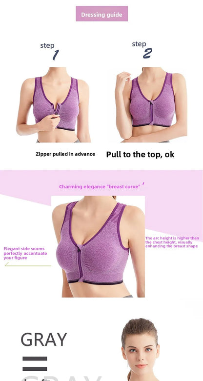 Front Zip Sports Bra High Impact Support Breathable Wire Free Running Yoga Top for Women