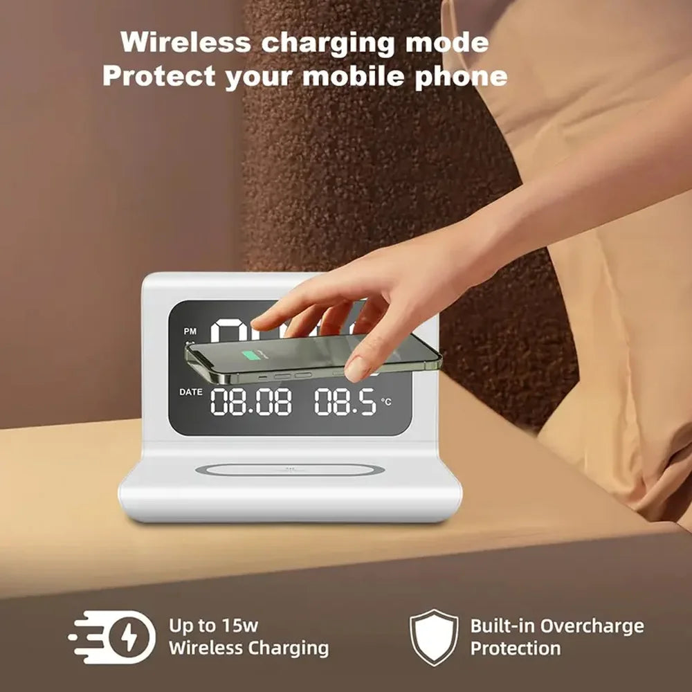 Trådlös Laddare 15W med Väckarklocka & Termometer – Qi USB-C iPhone 17–11 Samsung Xiaomi, 3 Alarm Celsius/Fahrenheit CE RoHS