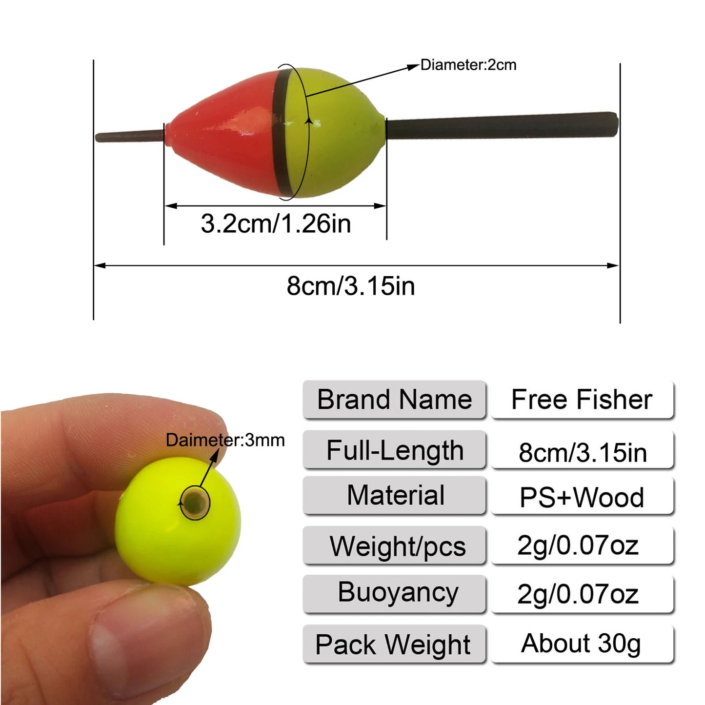 FREE FISHER 10pcs/Lot Lighted Fishing Floats,8cm Bobbers,Collection Cork Buoy Paulownia Wood Floats Plastic Stick Buoyancy 2g