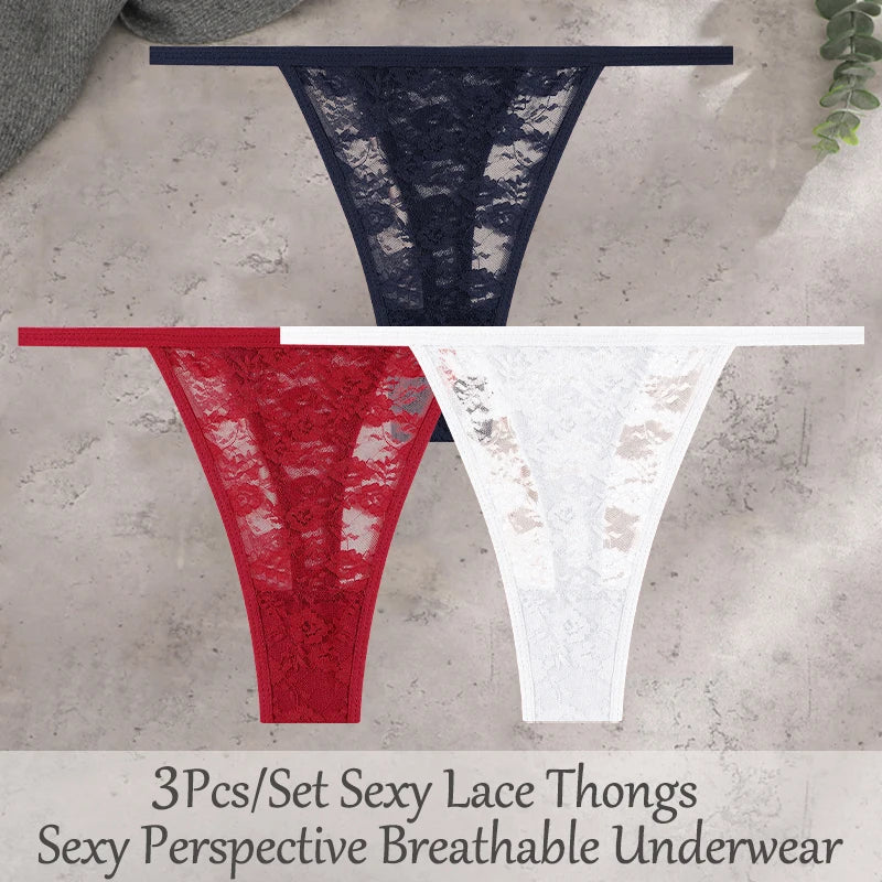 3Pcs/Set Sexy Lace Floral Panties For Women Solid Color Transparent Underwear Female Lace Perspective Hollow Out G-string Thongs