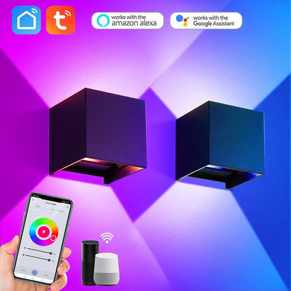 Tuya Smart Kubvägglampa – RGBCW, Justerbar Vinkel 0–130°, IP65, 12W, WiFi, Alexa & Google
