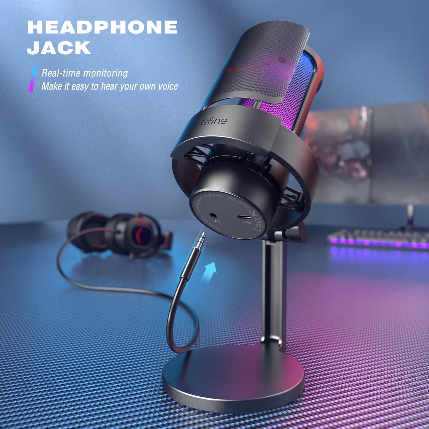 FIFINE USB Microphone for Recording and Streaming on PC and Mac,Headphone Output and Touch-Mute Button,Mic with 3 RGB Modes -A8