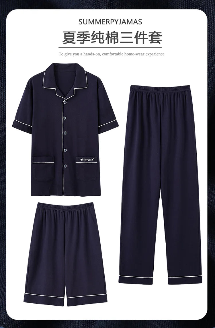 2023 New Cotton Sleepwear Men's 3 Pieces Set Homewear Plus Size 4XL Cardigan Nightwear Short Sleep Tops & Shorts & Long Pants