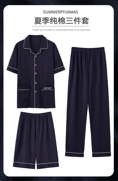 2023 New Cotton Sleepwear Men's 3 Pieces Set Homewear Plus Size 4XL Cardigan Nightwear Short Sleep Tops & Shorts & Long Pants