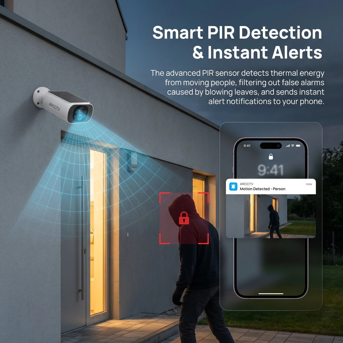 ARCCTV 2K WiFi Solar Camera Color Night Vision Two Way Talk FHD Surveillance Camera Outdoor Wireless IP66 Waterproof Siren Alarm