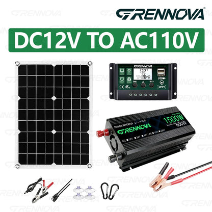 Grennova Solcellskit 750W – Ren Sinusvåg 1500W Peak + 40W Panel + 60A MPPT, 110V/220V Off-Grid Husbil Camping