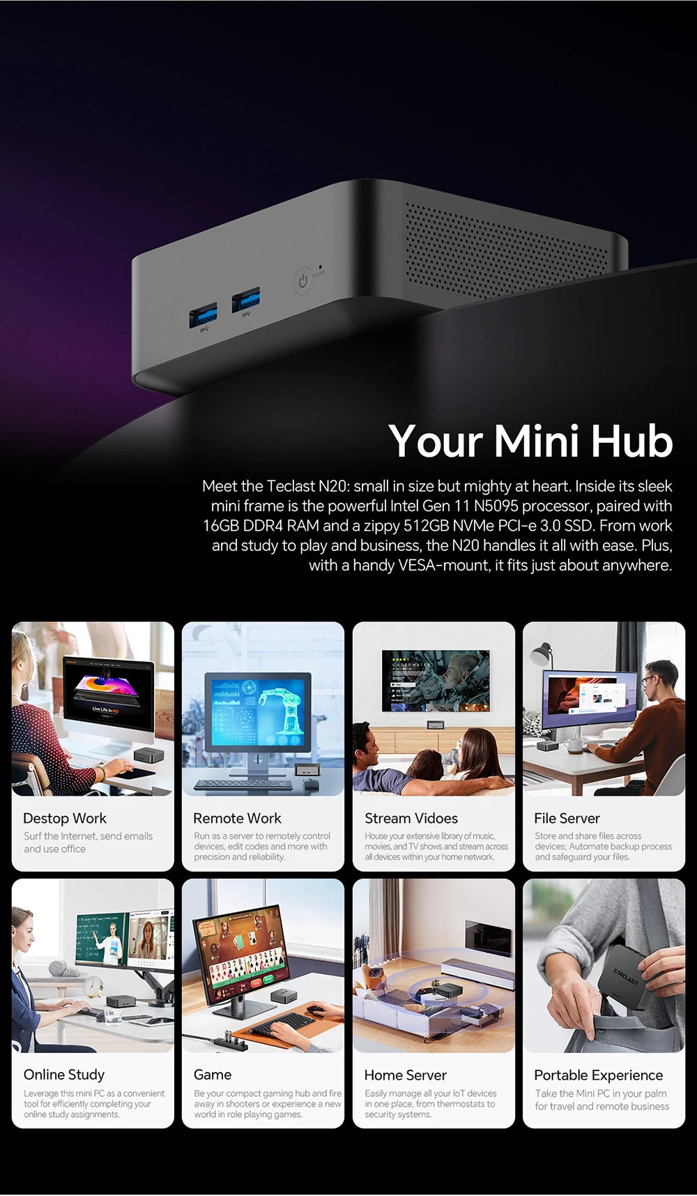 Teclast N20 Mini PC Intel N5095 11:e gen 16GB RAM 512GB SSD – 4K Windows 11 Pro WiFi 6 Kompakt Hemmakontor Desktop