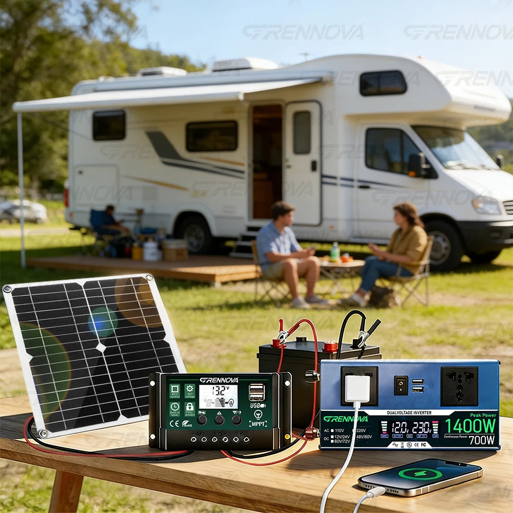 Grennova Solkraftsystem – Ren Sinusvåg 700W/1400W + 30W Solpanel + 60A MPPT 12V/24V 110V/220V Husbil Off-Grid CE