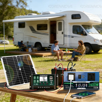 Grennova Solkraftsystem – Ren Sinusvåg 700W/1400W + 30W Solpanel + 60A MPPT 12V/24V 110V/220V Husbil Off-Grid CE